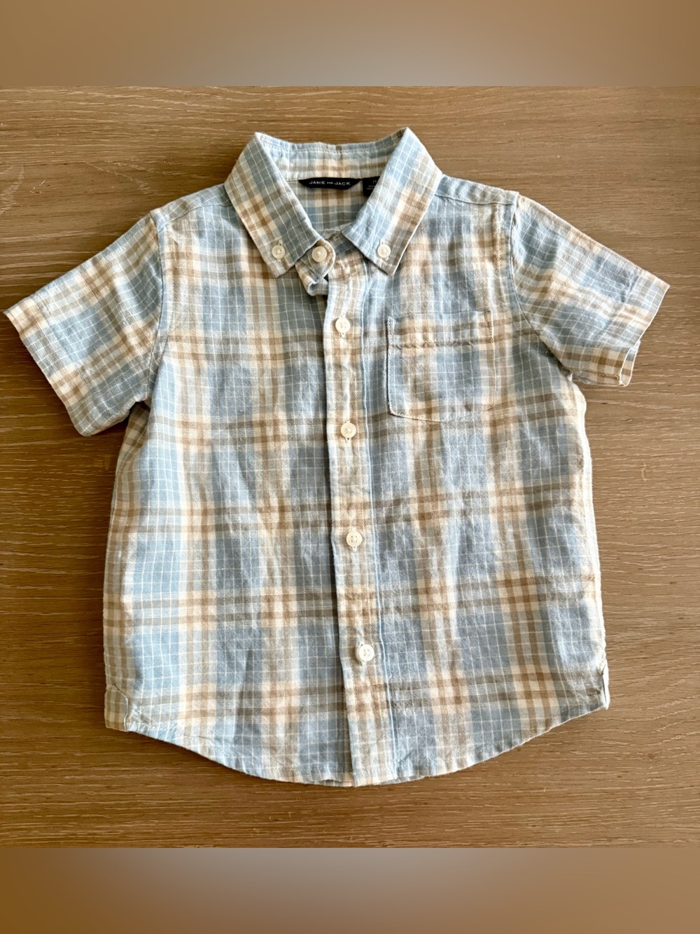 Janie and Jack Light Blue and Tan Linen Plaid Short Sleeve Button-Down Shirt 2T